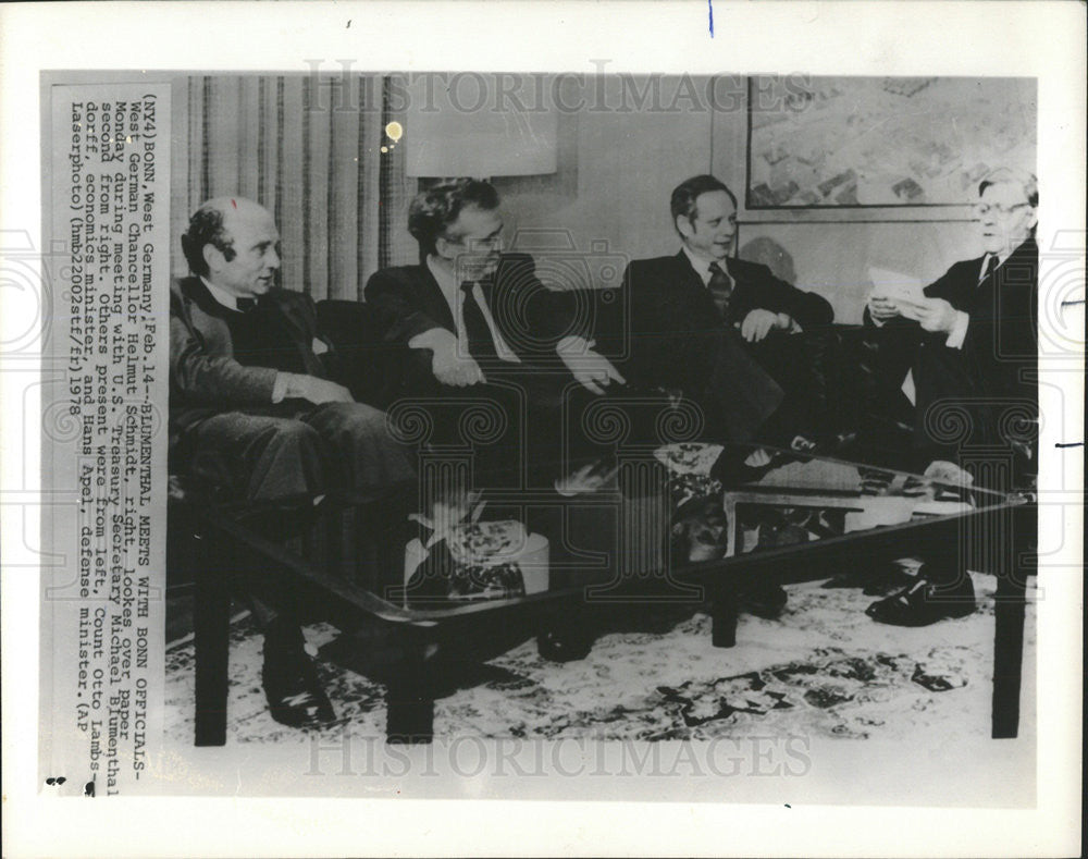 1978 Press Photo W German Chanc Helmut Schmidt AT Mtg With Micheal Blumenthal - Historic Images