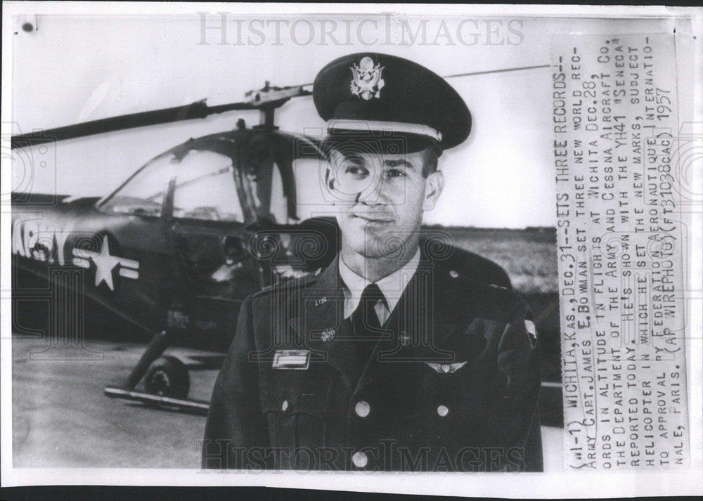 1957 Press Photo Air Capt Sets Three World Records Shown With Seneca Helicopter - Historic Images