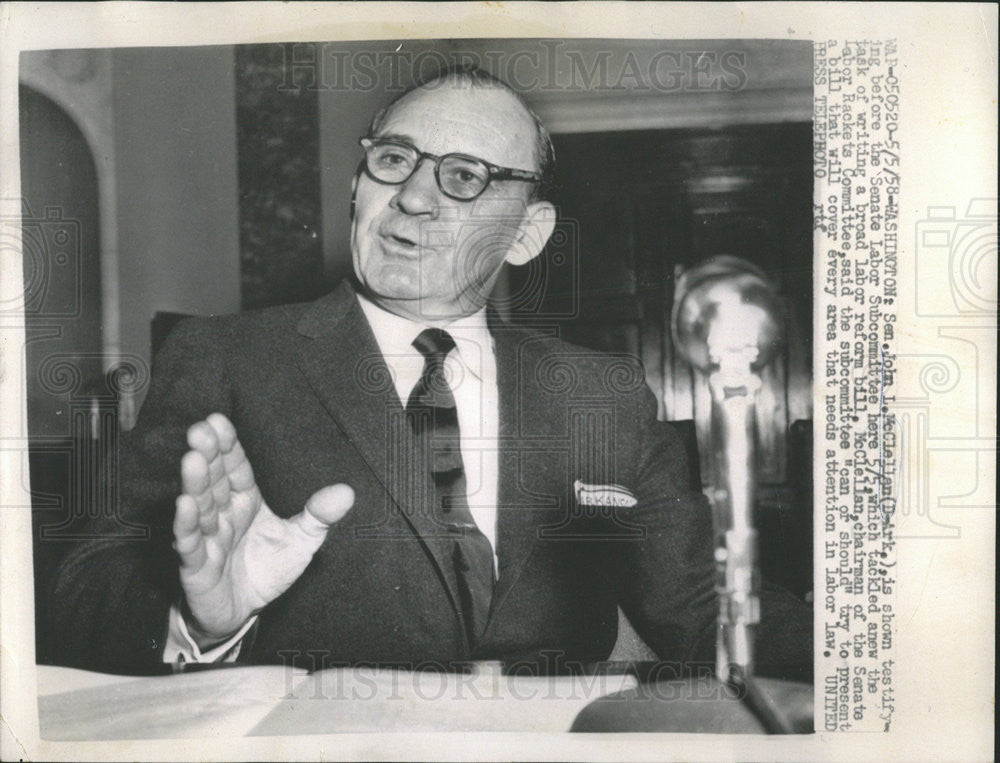 1958 Press Photo Senator John McClellan Testifies Labor Subcommittee - Historic Images