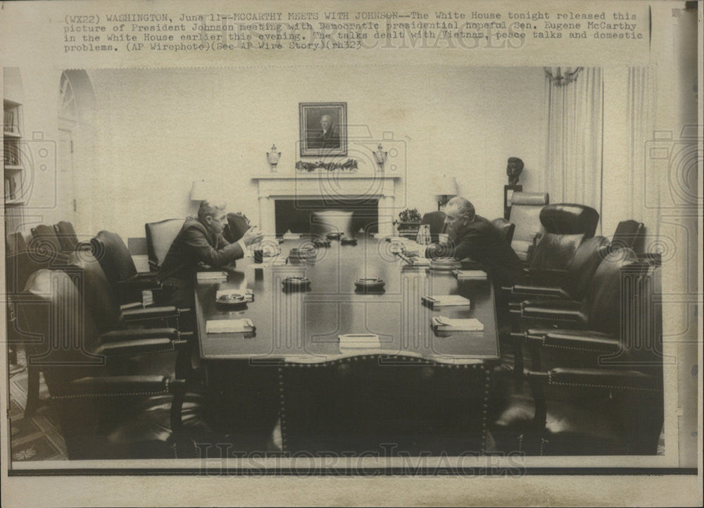 1968 Press Photo Pres. Johnson &amp; Sen. Eugene Discuss Vietnam, Peace, &amp; Domestics - Historic Images