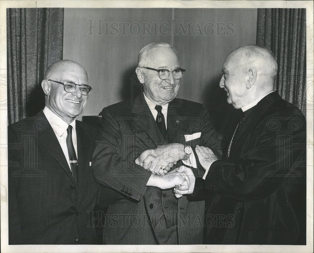 1960 Press Photo Archbishop Bernard J. Sheil, Jacop Avery &amp; President H. Truman - Historic Images