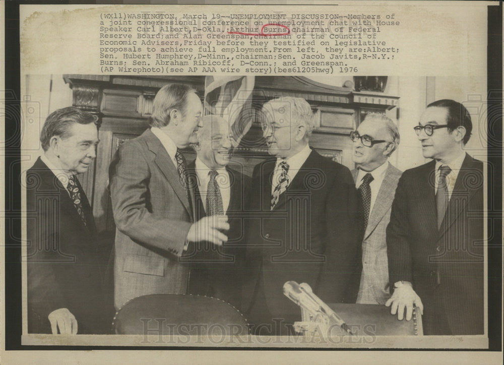 1976 Press Photo House Speaker Carl Albert, Arthur Burns, Alan Greenspan - Historic Images