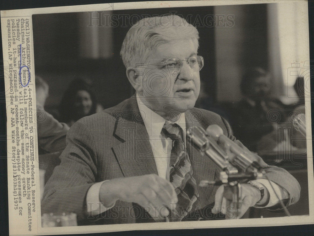 1973 Press Photo Federal Reserve Chairman Arthur Burns Senate Banking Committee - Historic Images