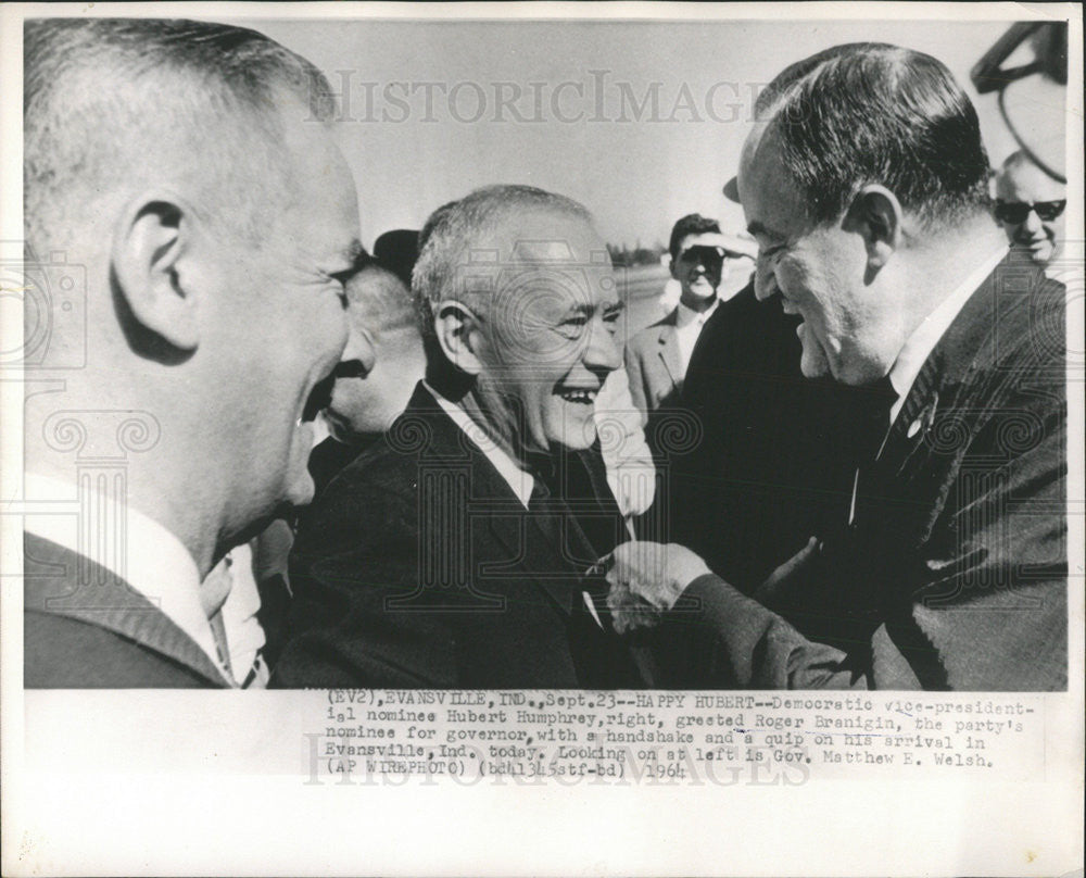 1964 Press Photo Hubert Humphrey and Roger Branigan,Gov Matthew E. Welsh - Historic Images