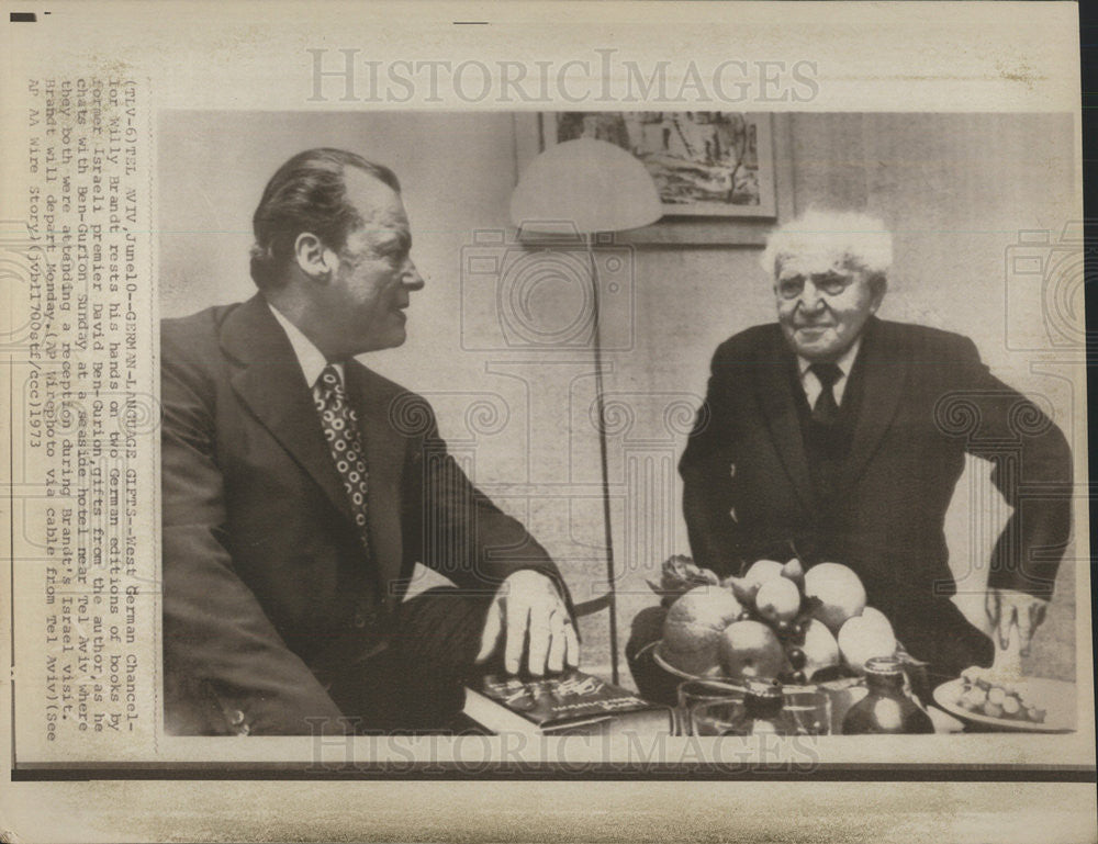1973 Press Photo West German Chancellor Willy Brandt Israeli premier  Ben-Gurion - Historic Images