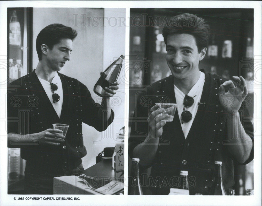 1987 Press Photo Ron Reagan Samples Water Bar Good Morning America ABC - Historic Images
