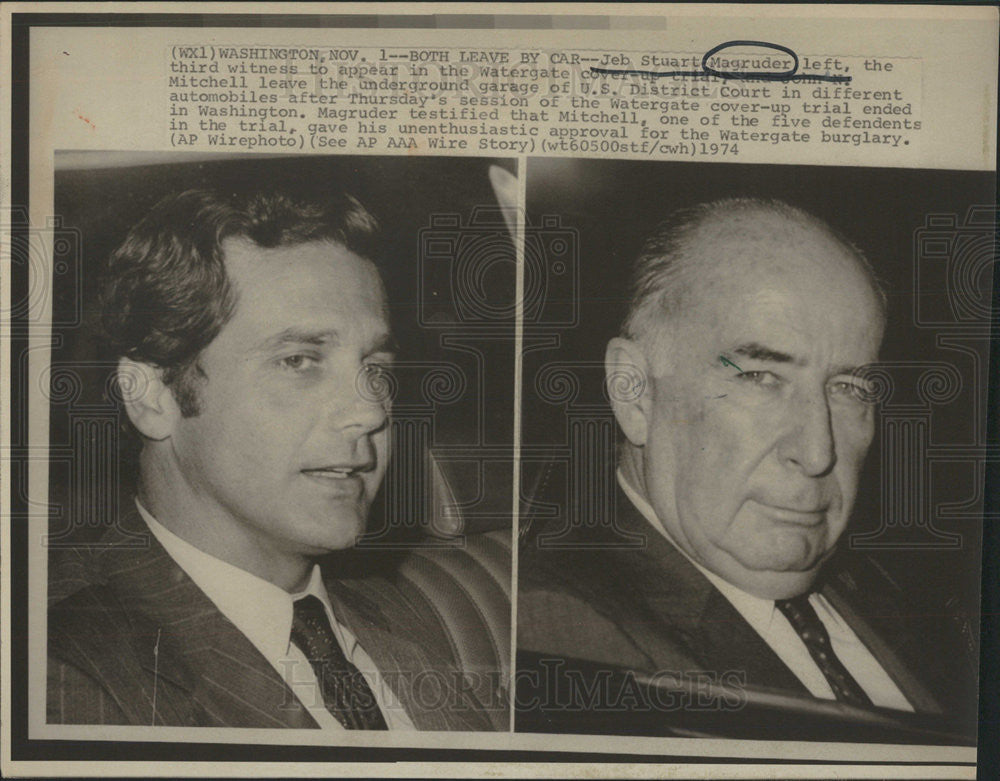 1974 Press Photo Jeb Stuart Magruder&amp;John Mitchell leaving after Watergate trial - Historic Images