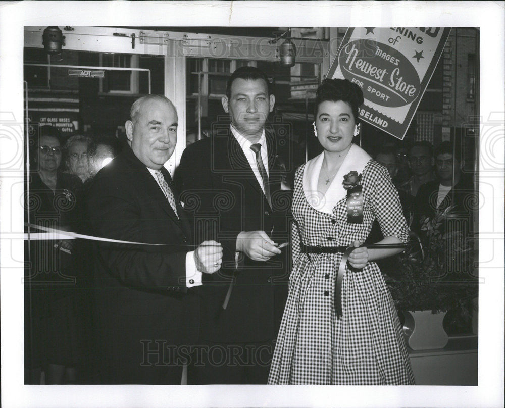 1959 Press Photo Joseph Cooke,Helen Dremon,Sam Mages at opening of new store - Historic Images
