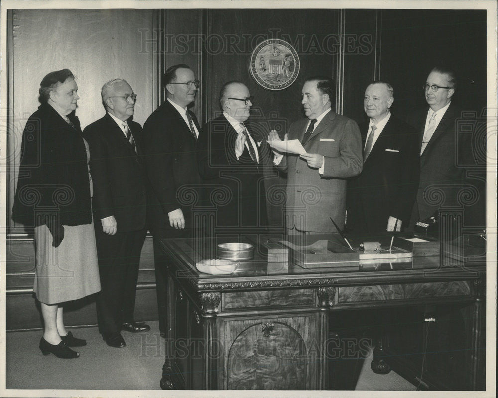 1958 Press Photo Joseph D. Murphy sworn in by Mayor Daley to Transit Board - Historic Images