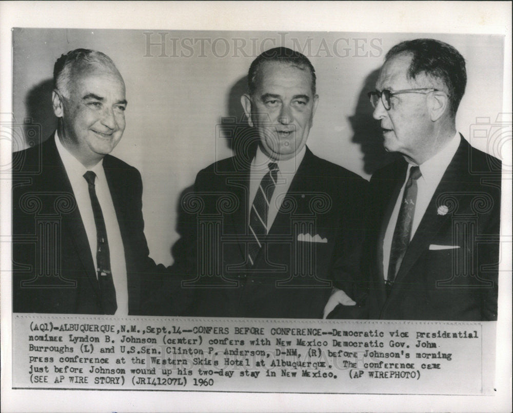 1960 Press Photo VP Candidate Johnson, Gov John Burroughs &amp; Sen Clinton Anderson - Historic Images