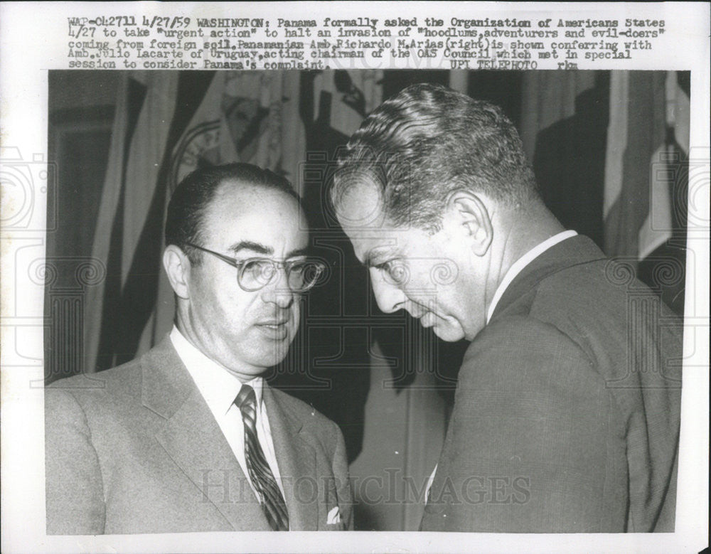 1959 Press Photo Panamanian Ambassador Richardo Arias Ambassador Julio Lacarte - Historic Images