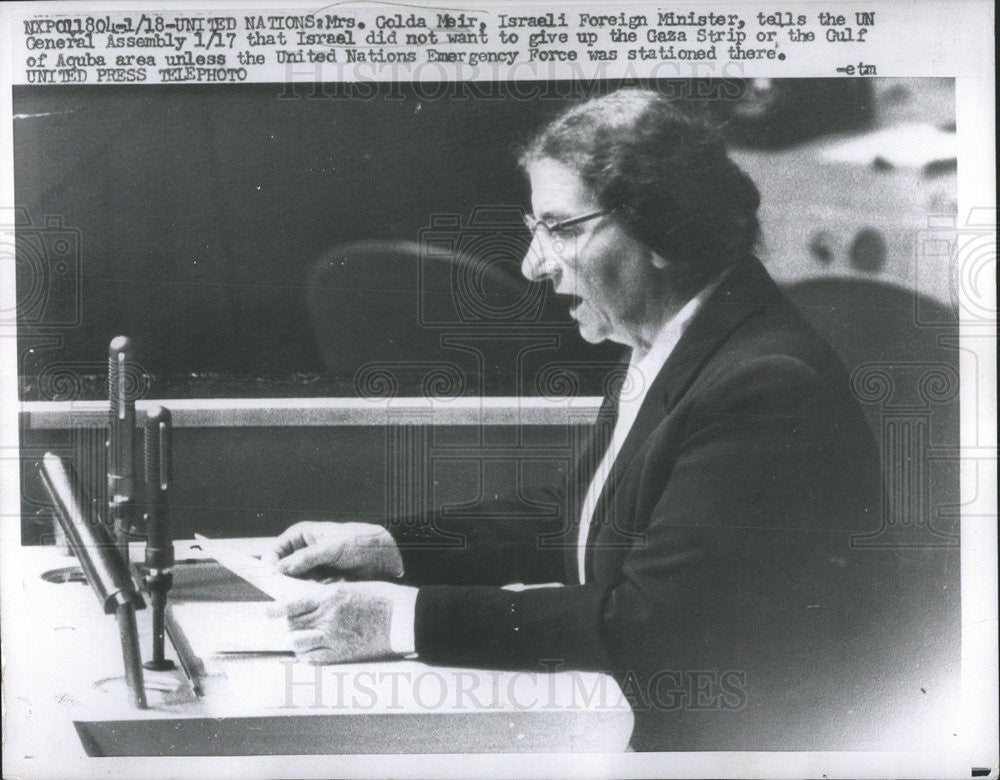 1957 Press Photo Mrs. Golda Meir,Israeli Foreign Minister tells UN Gen. Assembly - Historic Images