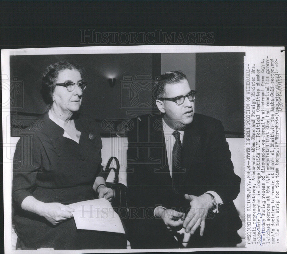 1957 Press PhotoAmbassador Abba Eban and Foreign minister Mrs. Golda M ...