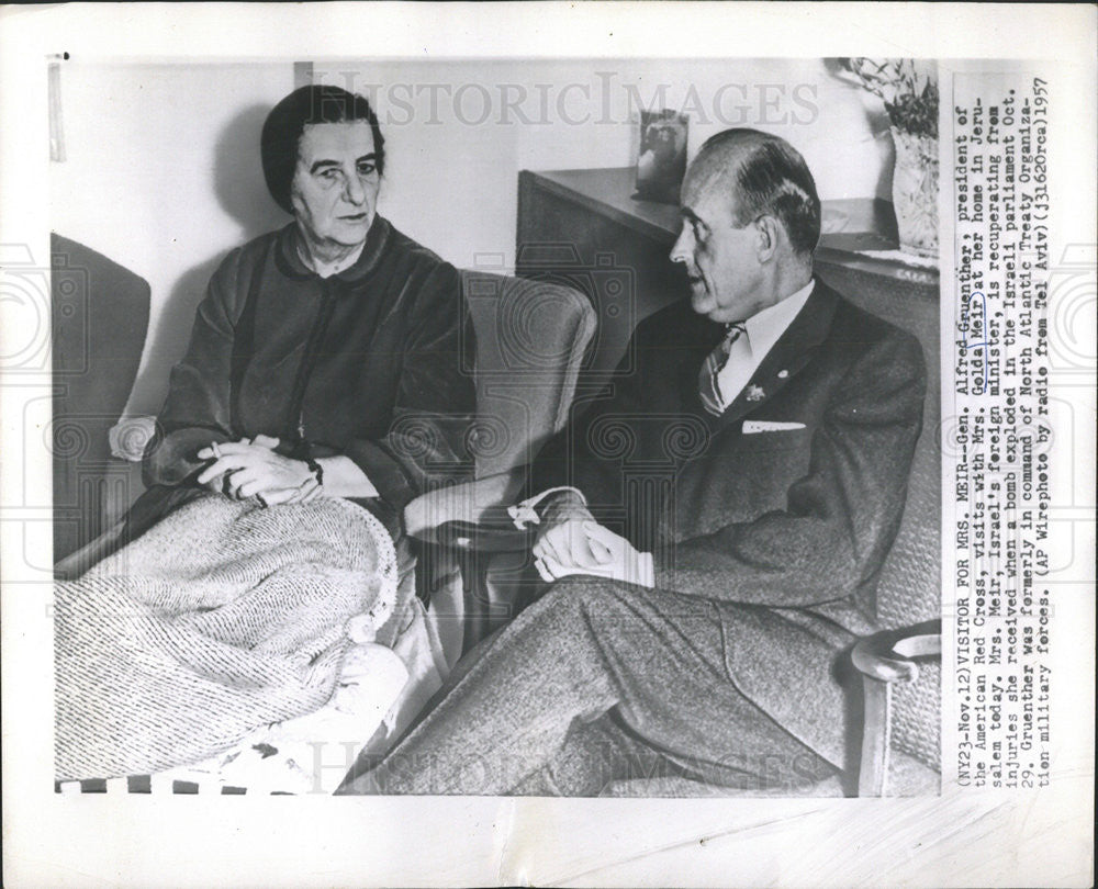 1957PressPhoto Alfred Gruenther, American Red Cross Pres. visits Mrs. Golda Meir - Historic Images