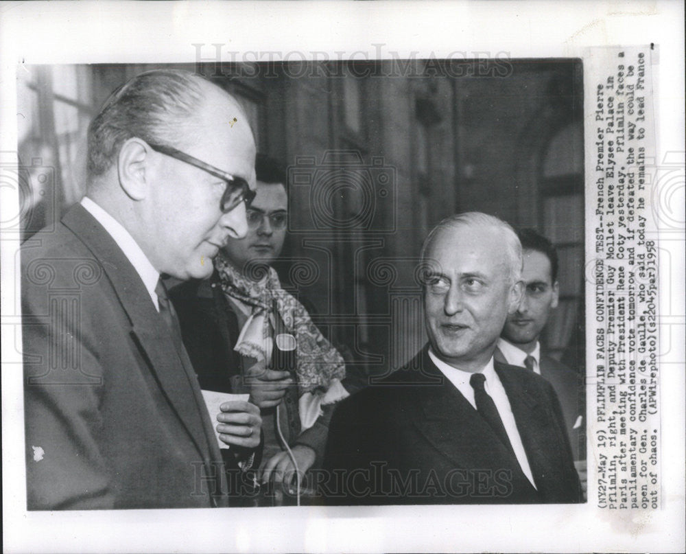 1958 Press Photo French Premier Pierre Pflimlim &amp; Deputy Premier Guy Mollett - Historic Images