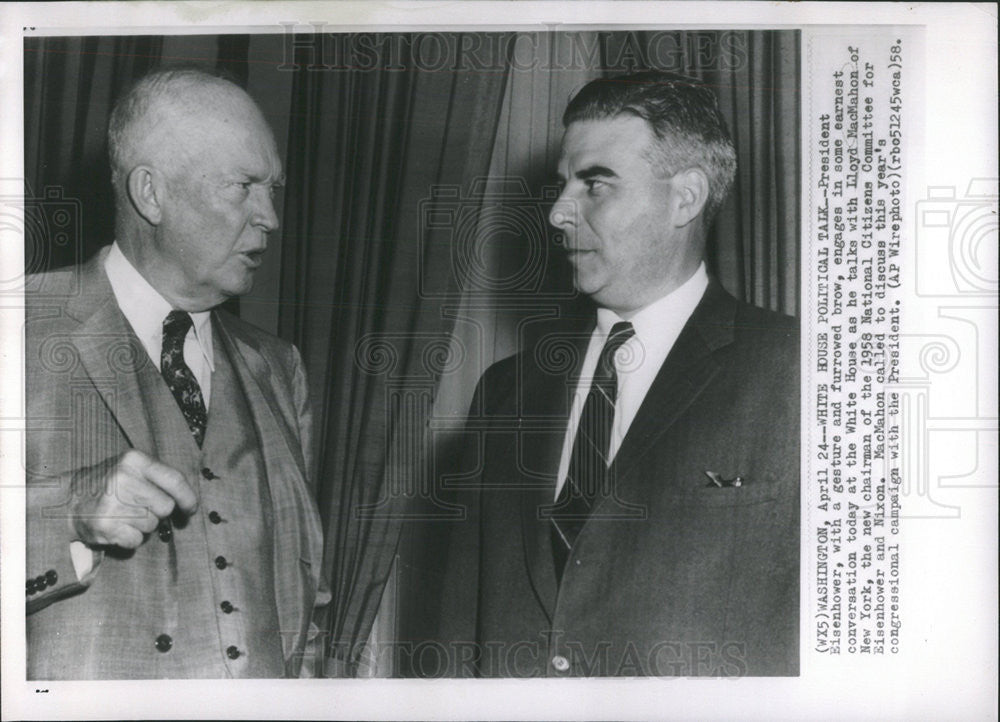 1958 Press Photo President Eisenhower and Lloyd MacMahon of N.Y. - Historic Images