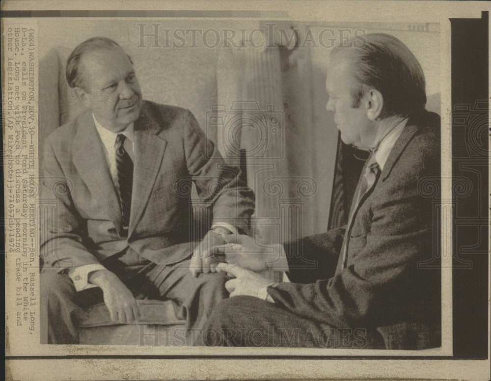 1974 Press Photo Senator Russell Long President Gerald Ford White House - Historic Images