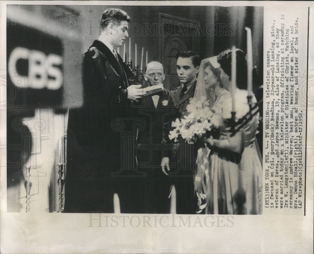 1952 Press Photol Henry Needham, Joyce Newman, Ira Langston .TV wedding - Historic Images