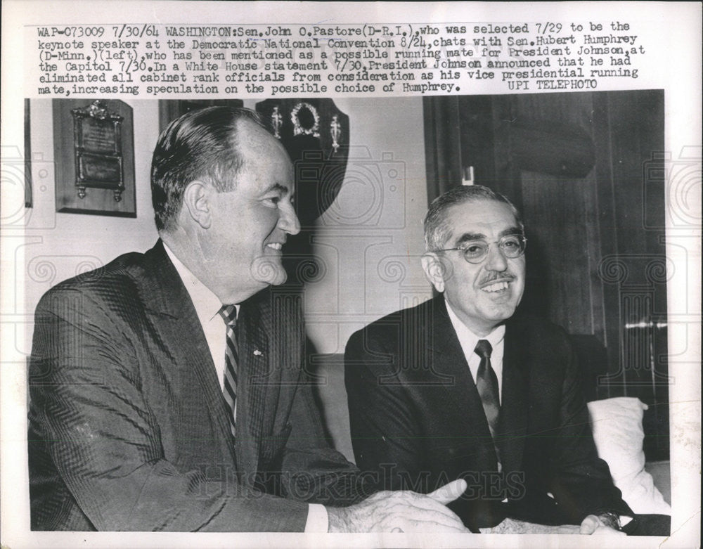 1964 Press Photo Sen Pastore and Sen Hubert Humphrey - Historic Images