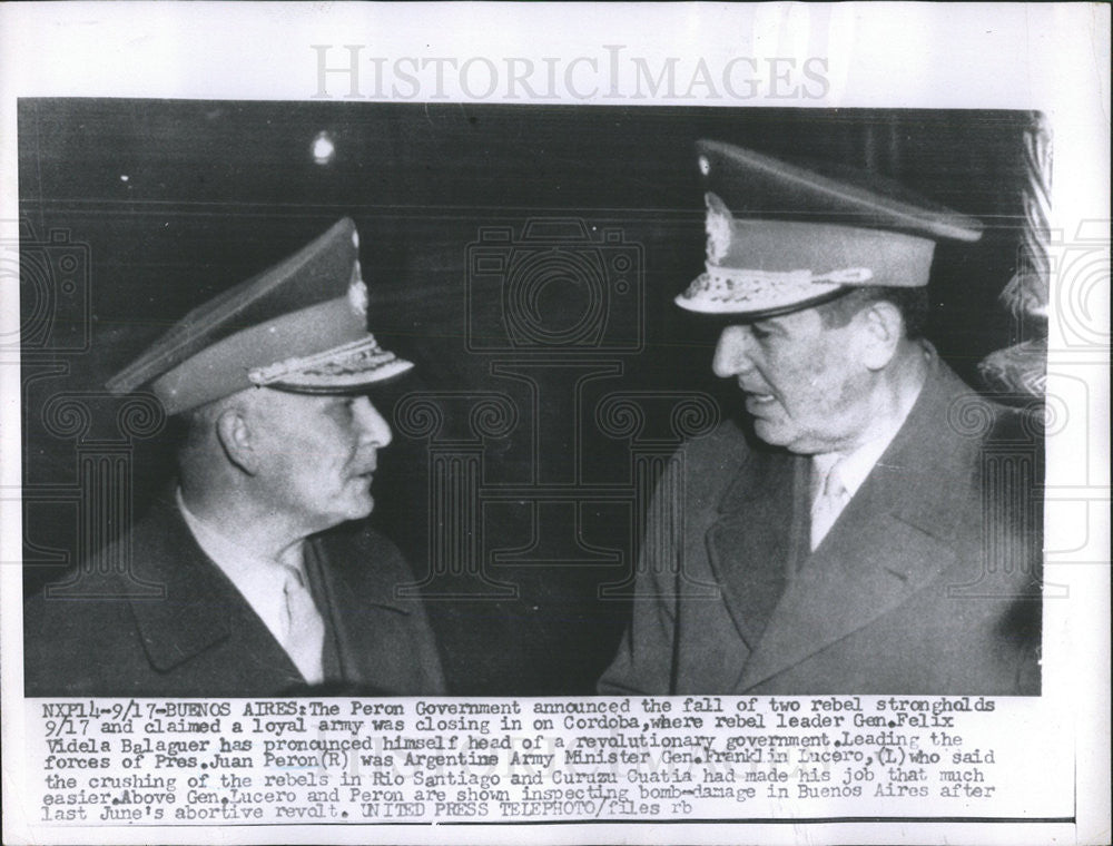 1955 Press Photo Argentine Gen Franklin Lucero and Juan Peron - Historic Images