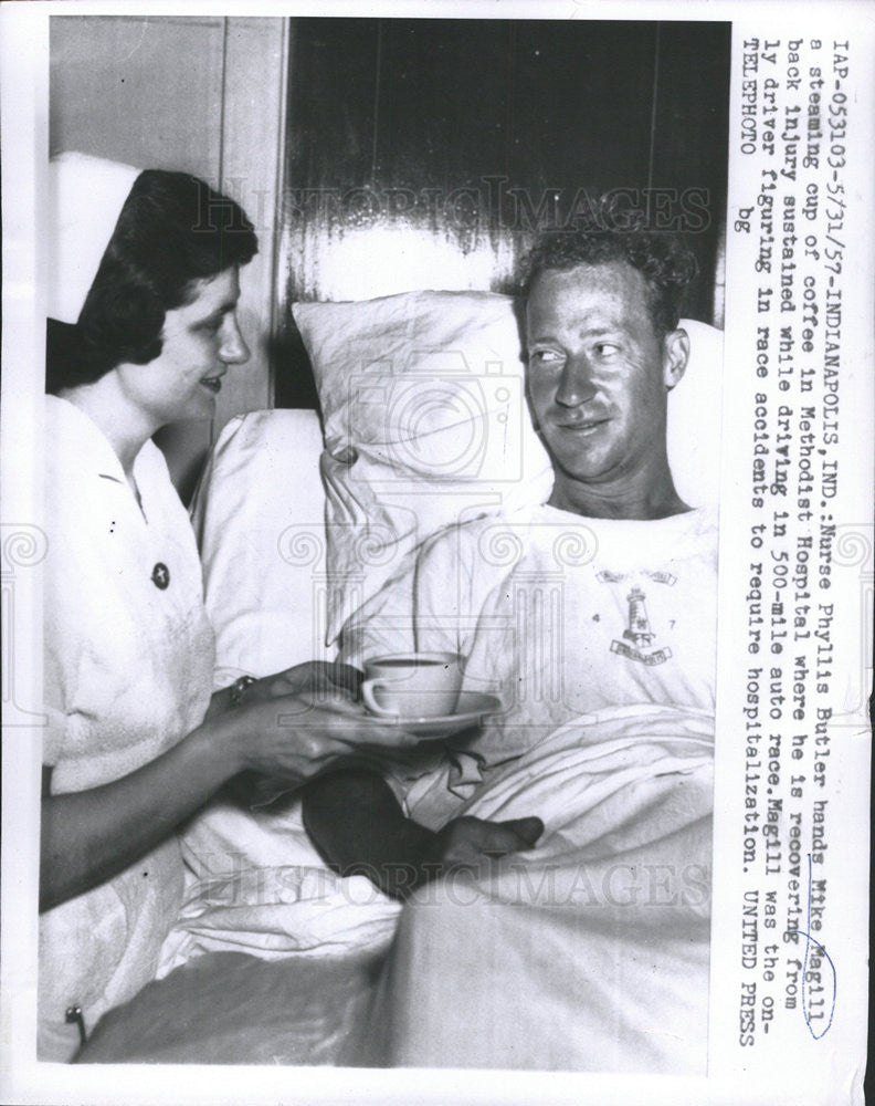 1957 Press Photo Mike Magill Phyllis Butler Back Injury Methodist Hospital - Historic Images