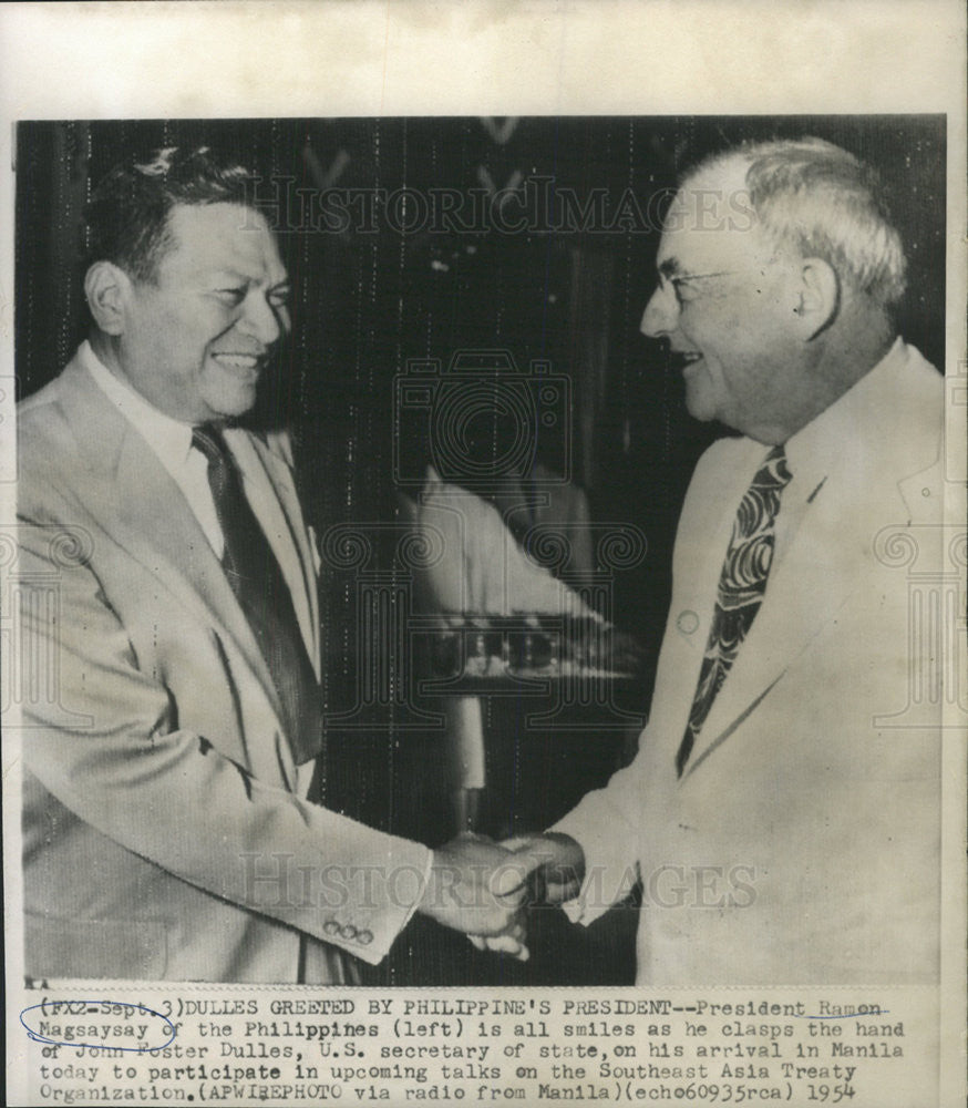 1954 Press Photo Philippines President Ramon Magsaysay &amp; John Foster Dulles - Historic Images
