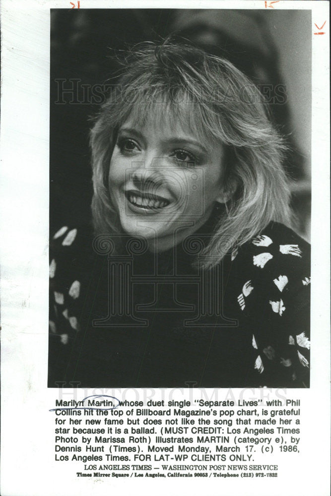 1986 Press Photo Duet Singer Marilyrr Martin Hits The Top Of Billboard Charts - Historic Images
