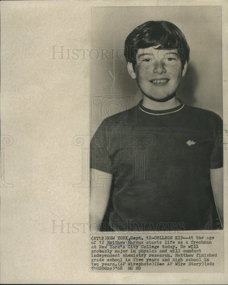 1968 Press Photo 12-Year-Old Matthew Marcus Prepares To Start College - Historic Images