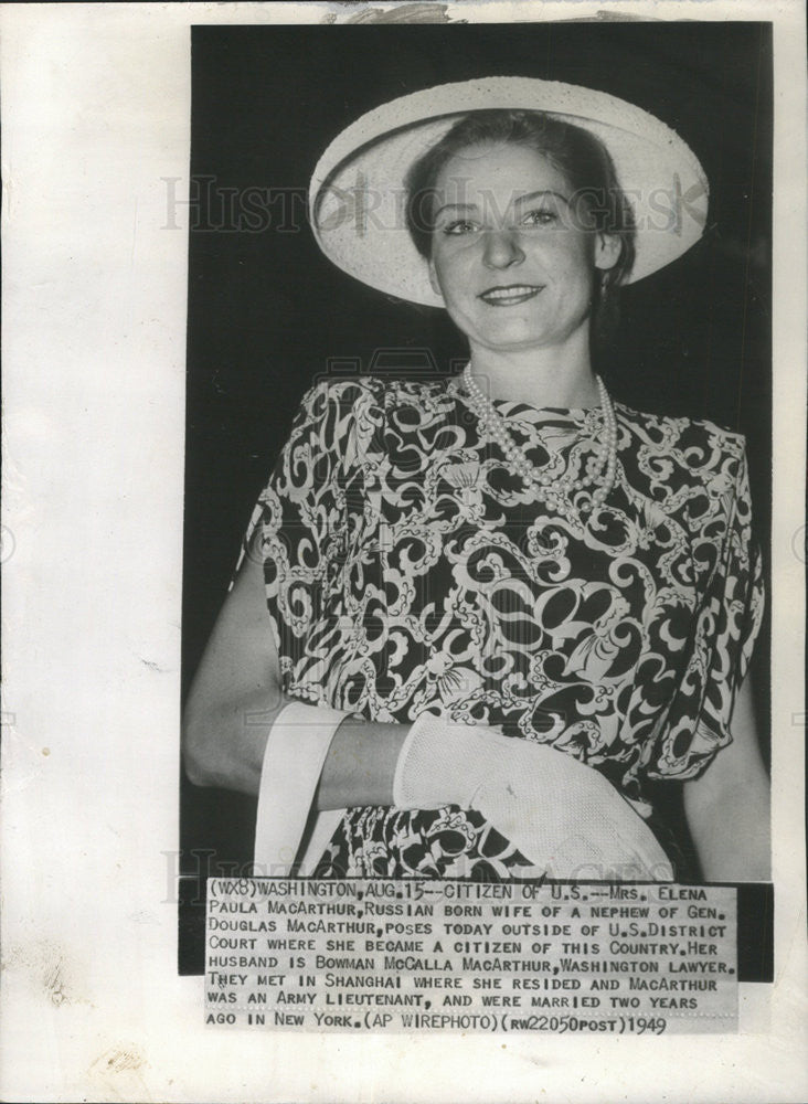 1949 Press Photo MRS. ELENA PAULA MACARTHUR WIFE NEPHEW GEN.DOUGLAS MACARTHUR - Historic Images