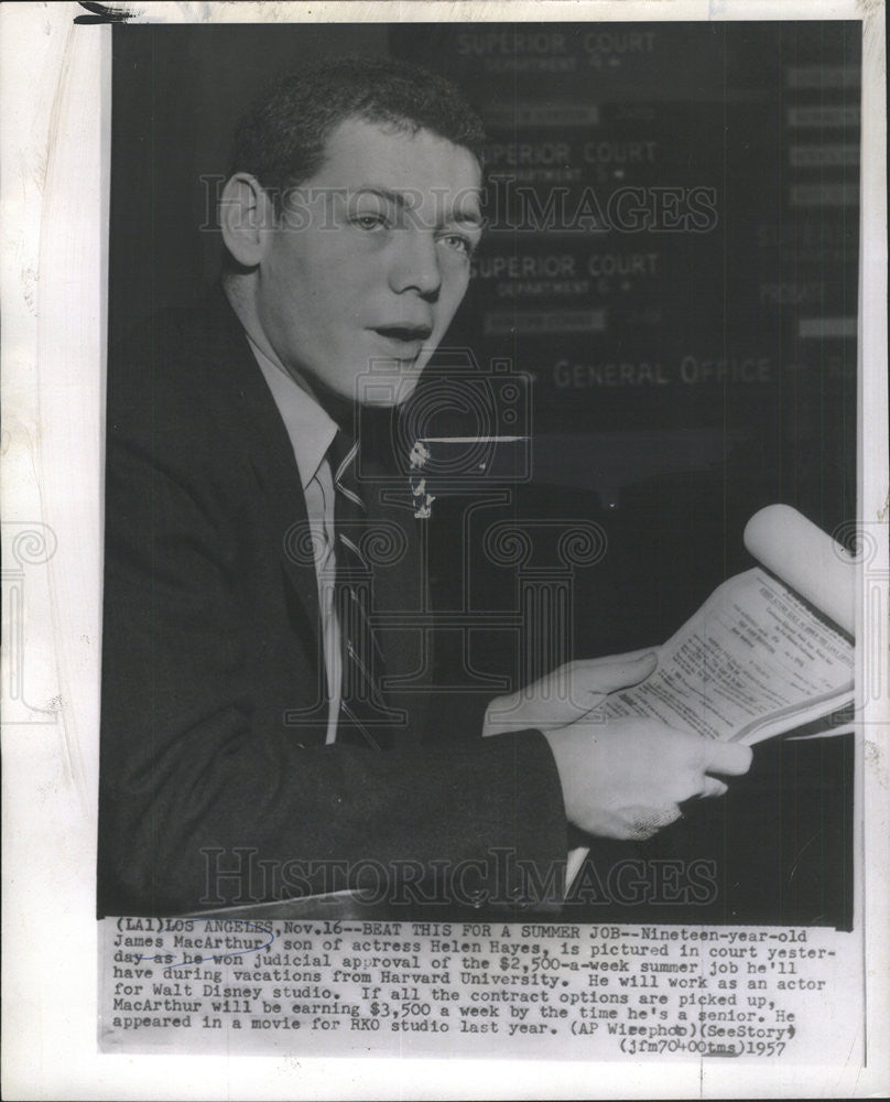 1957 Press Photo Actor James MacArthur Summer Job Walt Disney - Historic Images