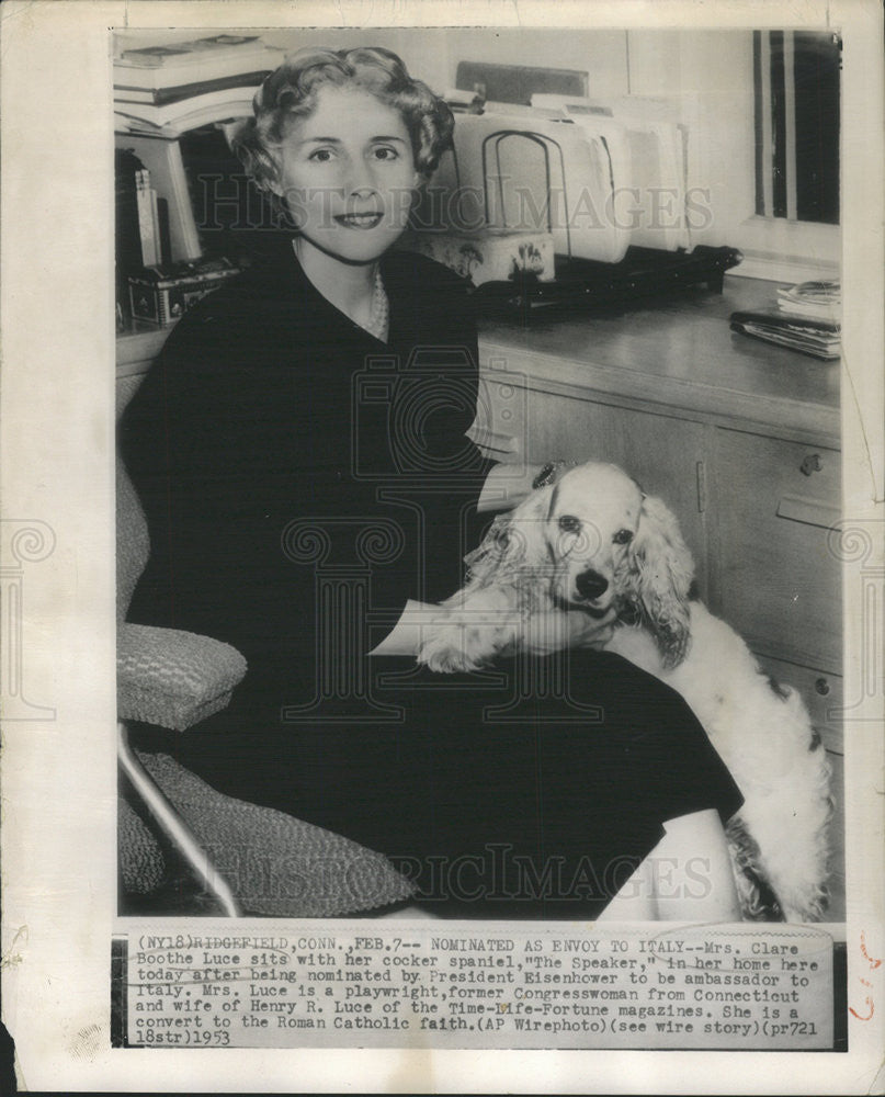 1953 Press Photo Clare Boothe Luce with her dog &quot;The Speaker&quot; in her home - Historic Images
