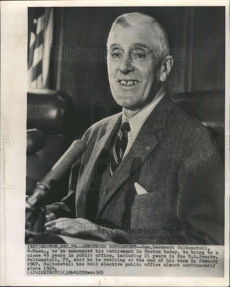 1965 Press Photo Senator Saltonstall Announcing Retirement Boston Press - Historic Images