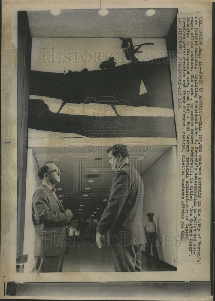 1966 Press Photo Boston Federal Building Lobby Abstract Painting Men Speaking - Historic Images
