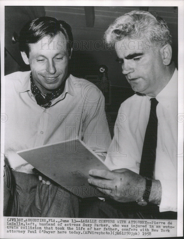 1958 Press Photo Pierre de LaSalle husband Actress Suzy Parker w/ Atty O&#39;Dwyer - Historic Images