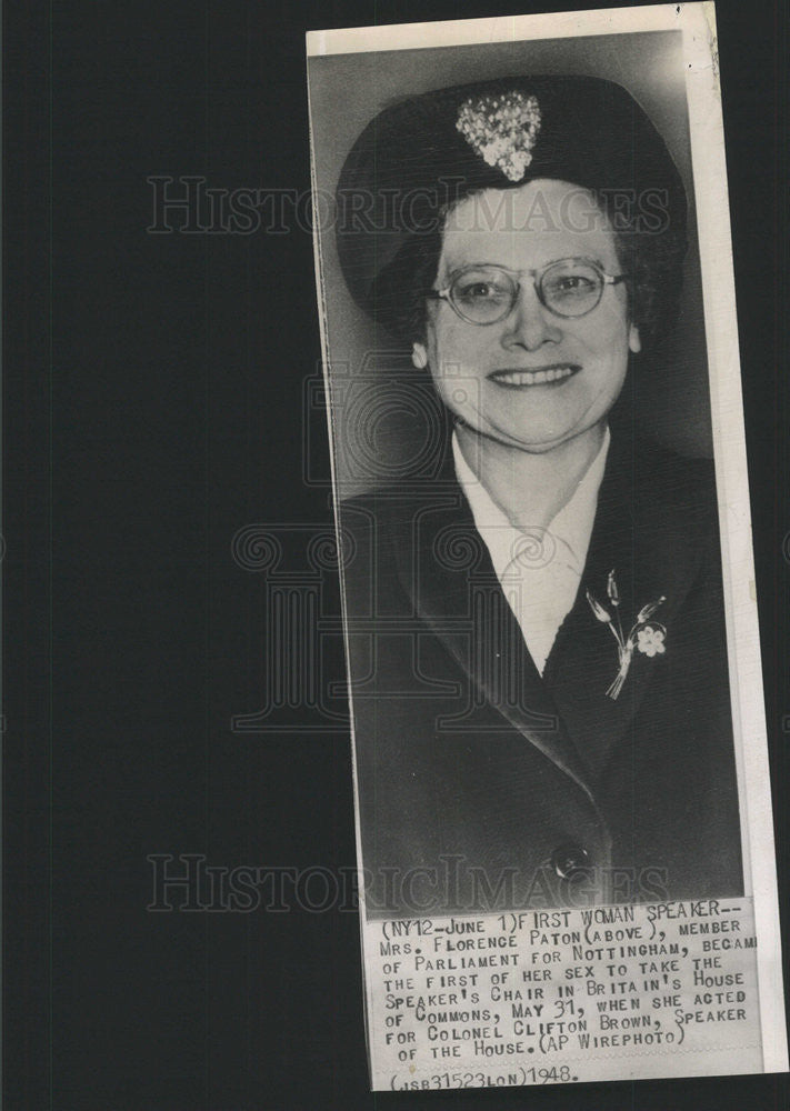 1948 Press Photo Mrs Florence Paton First Woman To House Of Commons Speaker - Historic Images