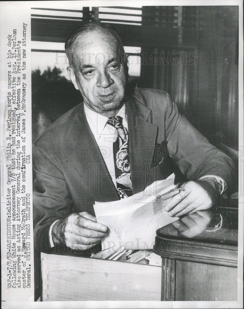 1952 Press Photo Solicitor General Philip Perlman - Historic Images