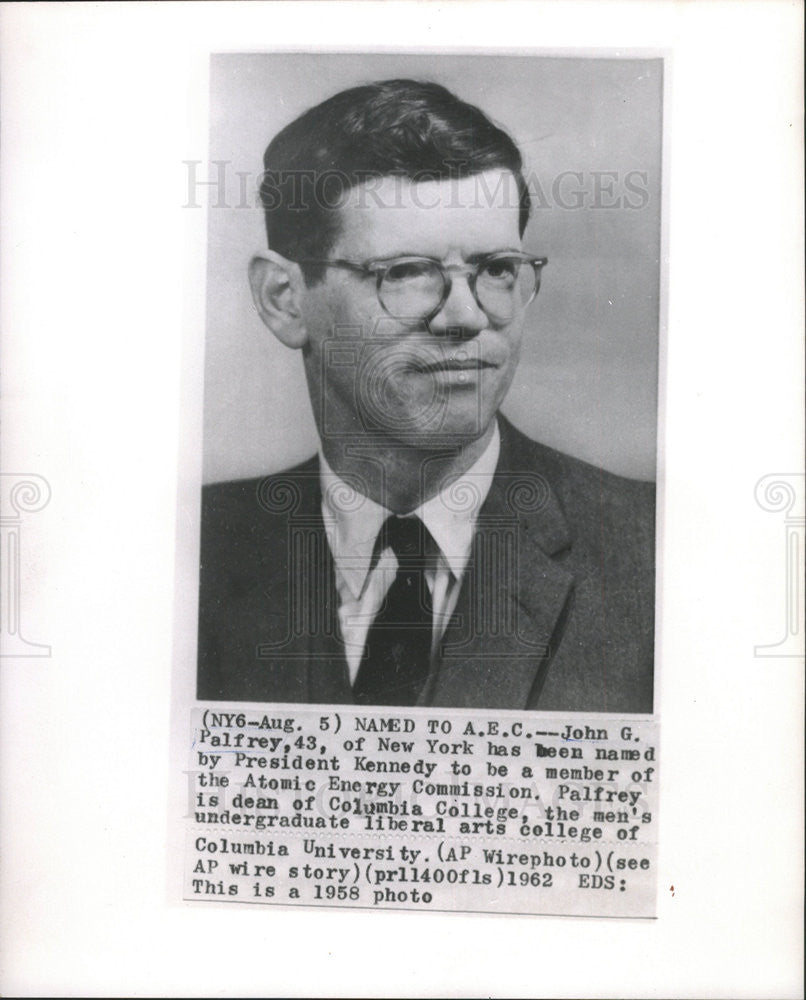 1962 Press Photo JOHN G. PALFREY MEMBER  ATOMIC ENERGY COMMISSION - Historic Images