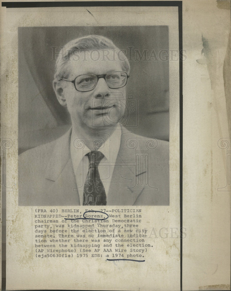 1974 Press Photo Peter Lorenz, West Berlin Chairman of the Christian Democratic - Historic Images