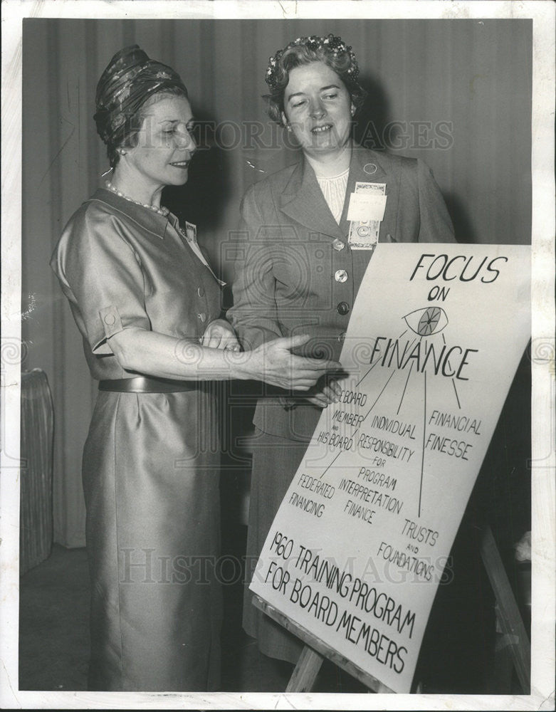 1960 Press Photo Mrs. Arthur Loring and Mrs. Robert Foote inspecting a Sign. - Historic Images