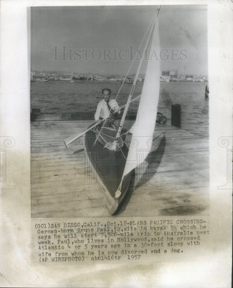1957 Press Photo Bruno Paul Plans to Cross Pacific , a 7500 mile trip. - Historic Images