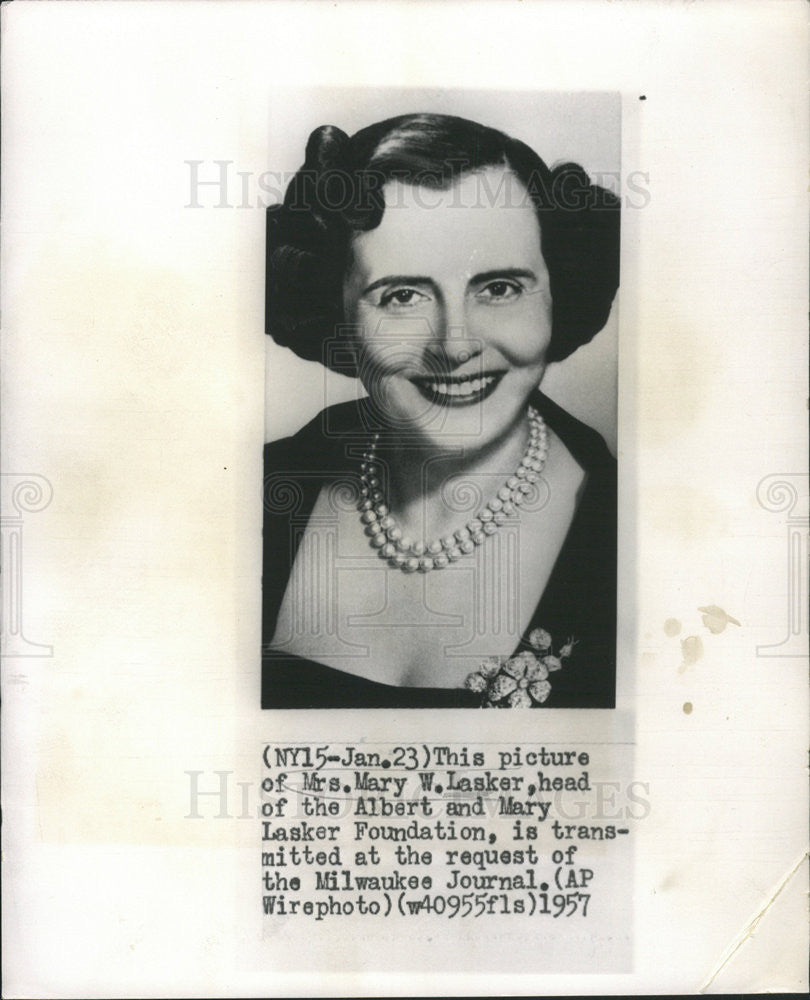 1957 Press Photo Mrs Mary W Lasker Head Albert Mary Lasker Foundation - Historic Images