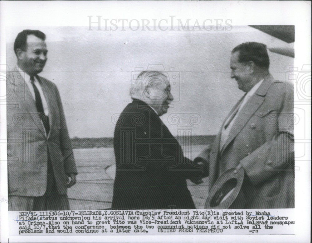 1956 Press Photo Yugoslav President Tito Greeted By Mosha Pijade - Historic Images