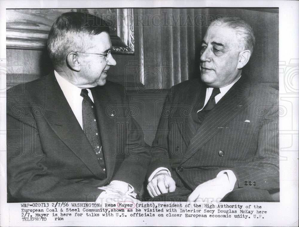 1956 Press Photo Rene Mayer President High Authority Coal Steel Secretary McKay - Historic Images