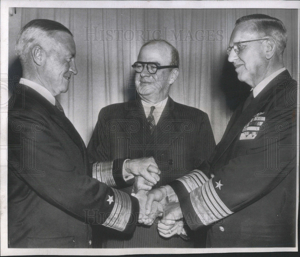 1949 Press Photo Adm. Forrest Sherman, Navy Sec. Matthews, Adm. Louis Denfeld - Historic Images