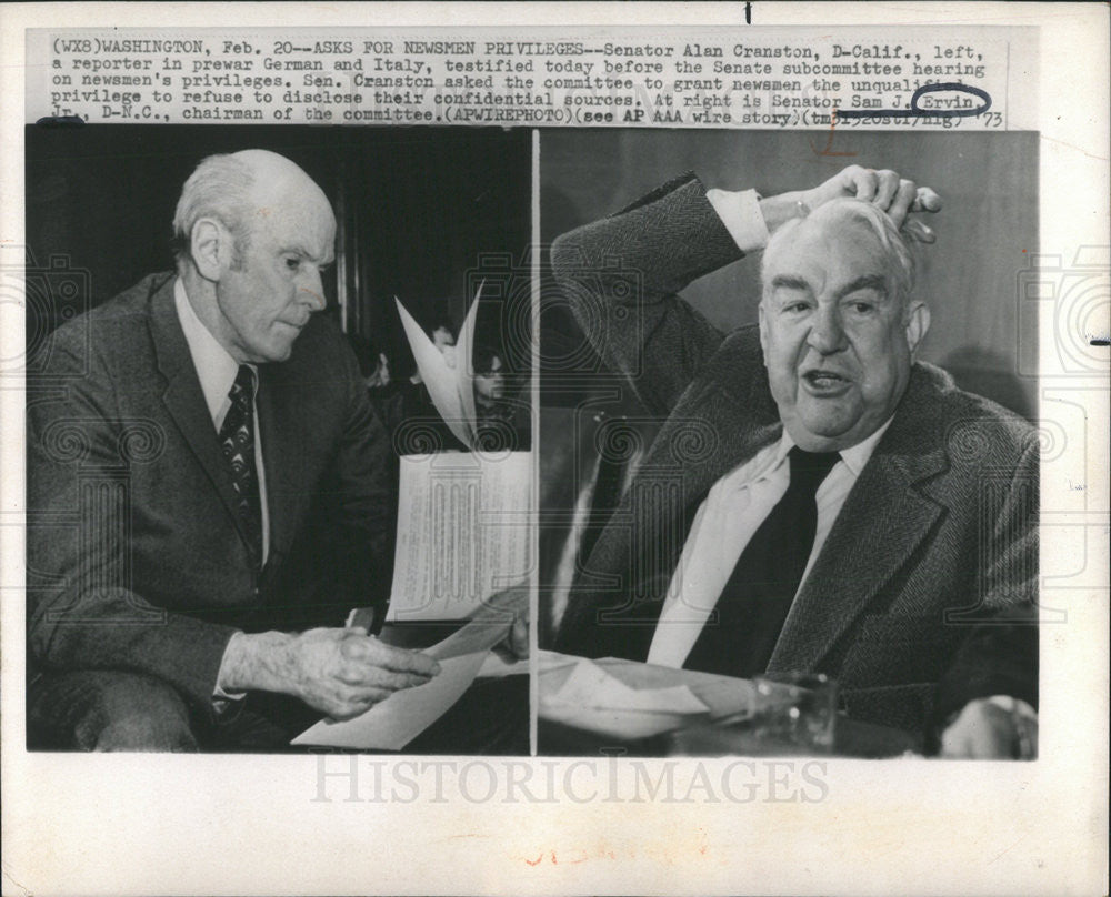 1973 Press Photo Senator Alan Cranston Reporter Testifies Senate Sam J. Ervin - Historic Images