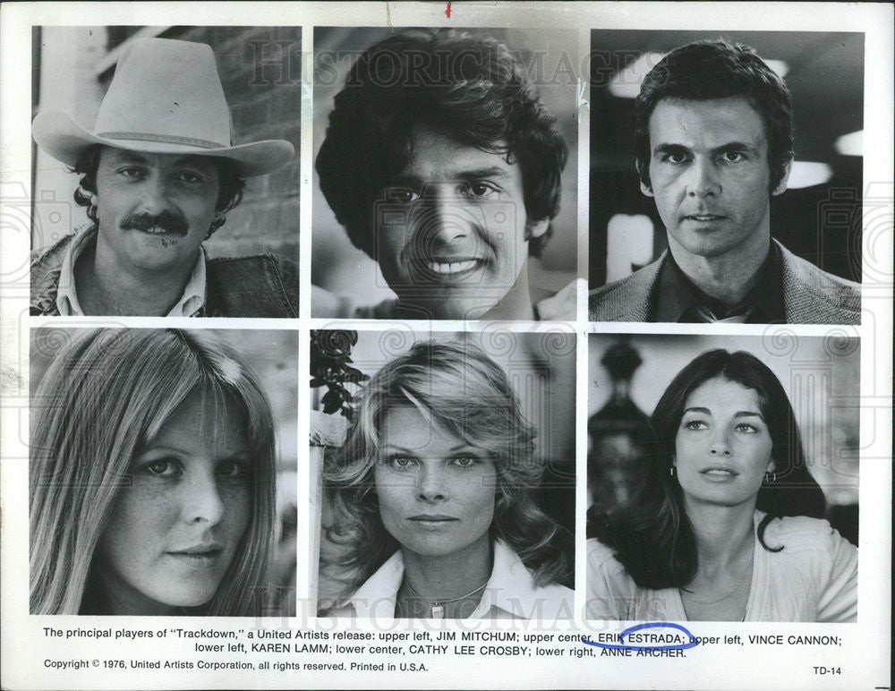 1976 Press Photo Jim Mitchum Erik Estrada Vince Cannon Karen Lamm Anne Crosby - Historic Images