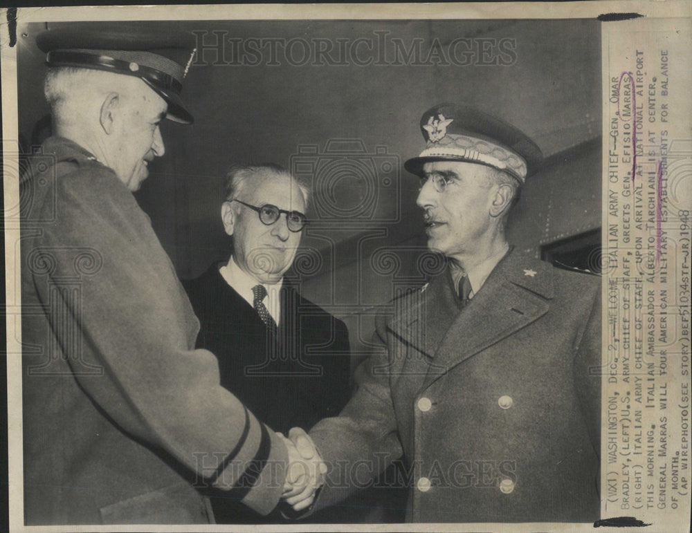 1948 Press Photo General Omar Bradley, General Efisio Marras, Alberto Tarchiani - Historic Images