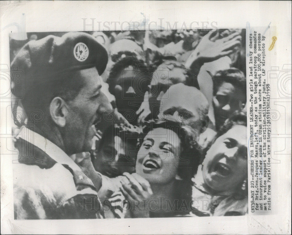 1958 Press Photo Two Girls Lead Cheers For  Brigadier General Jacques Massu - Historic Images