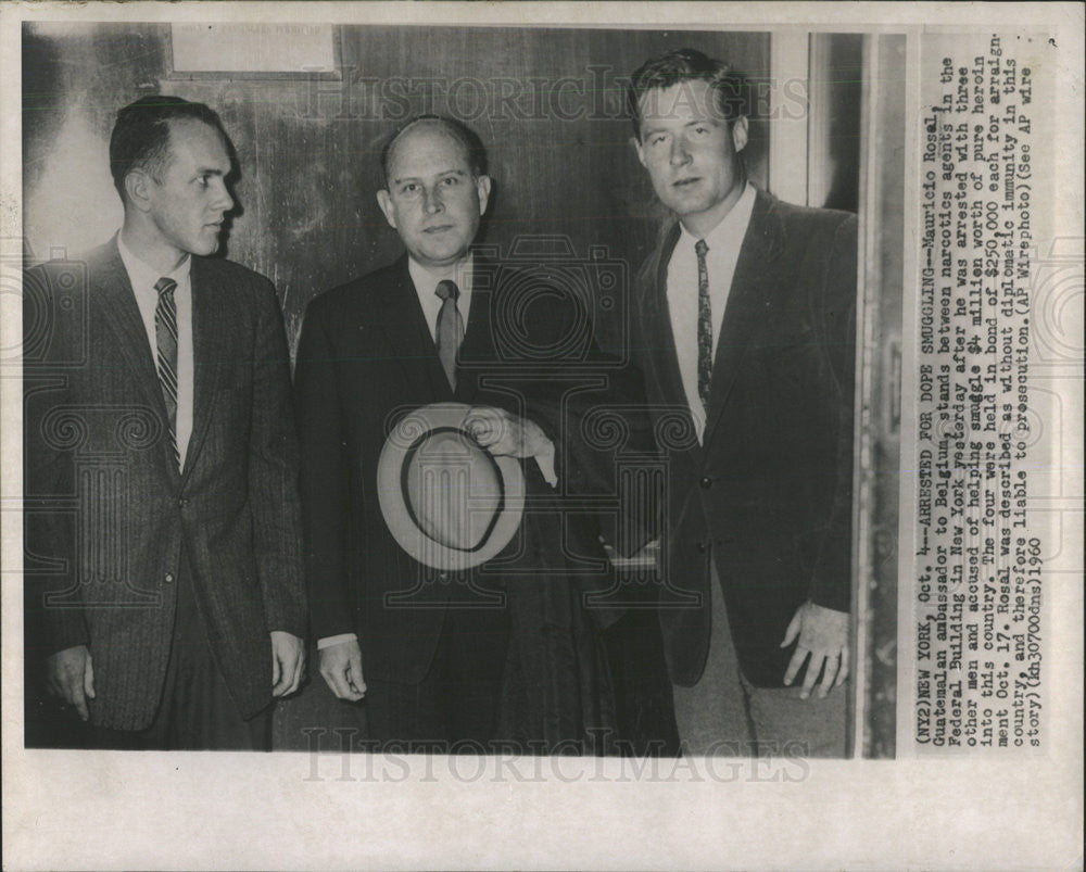 1960 Press Photo Mauricio Rosal Guatamel Amb to Belgium Arrested for Smuggling - Historic Images