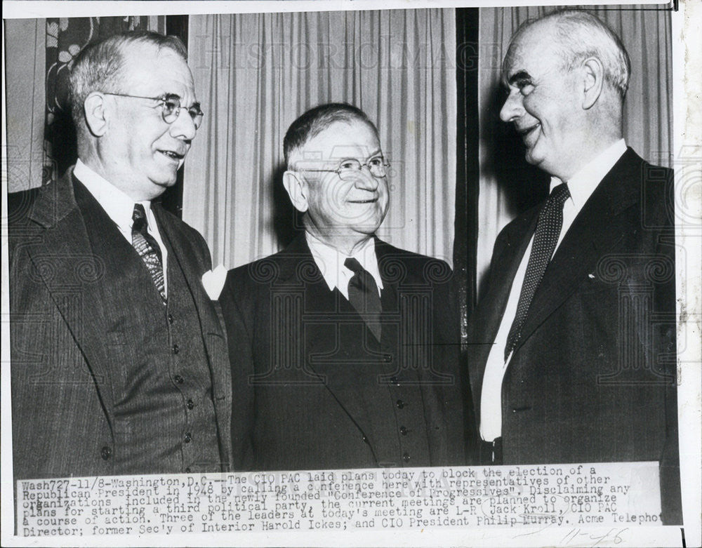 1948 Press Photo Jack Kroll, Harold Ickes, and Philip Murray at the &quot;Conference - Historic Images